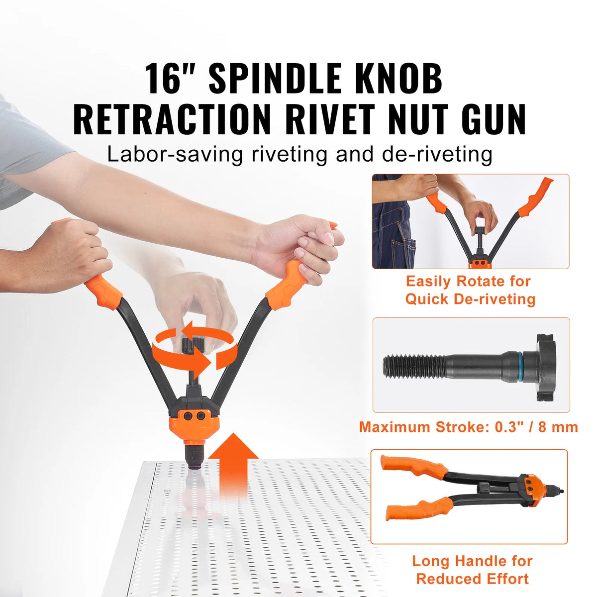 An orange and black spindle knob rivet nut gun is shown being used to de-rivet metal, highlighting its long handle and ease o