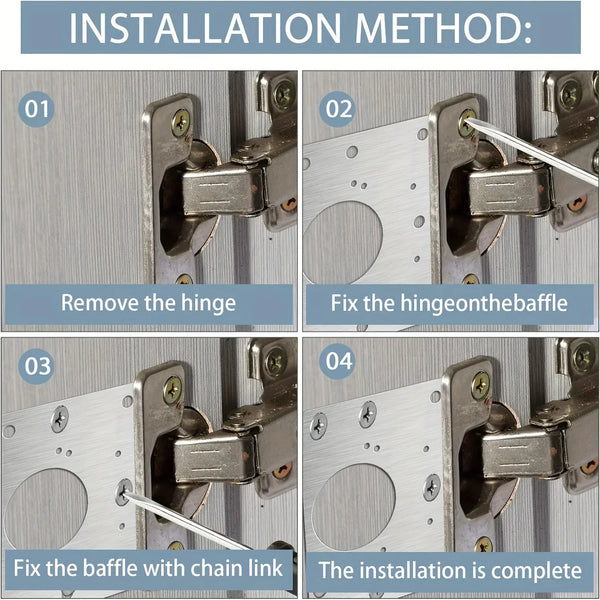 Four steps showing how to install a cabinet hinge on a baffle using a repair kit.