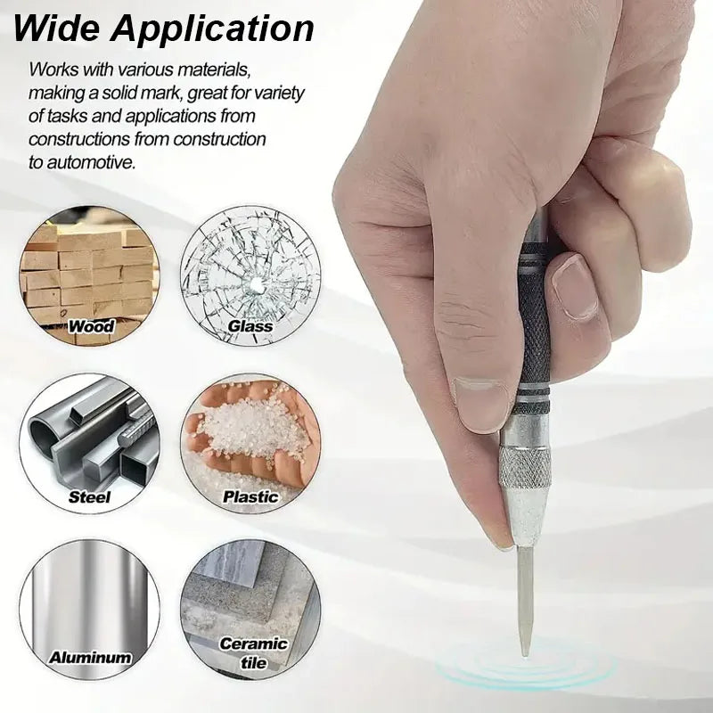 A hand holds a heavy duty automatic center punch tool, demonstrating its wide application across various materials.