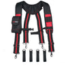 Black and red heavy-duty tool belt suspenders with phone holders