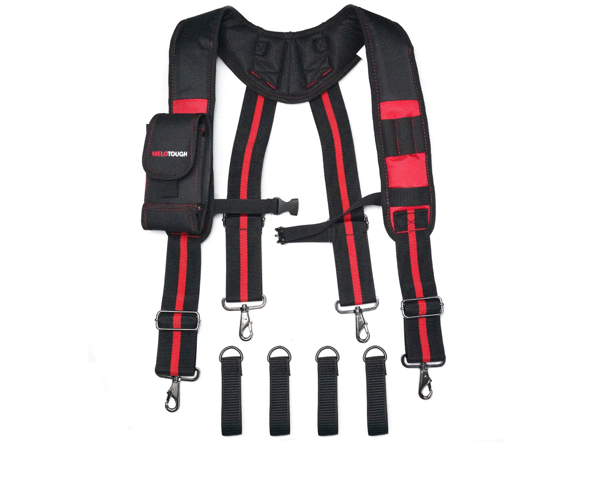 Black and red heavy-duty tool belt suspenders with phone holders