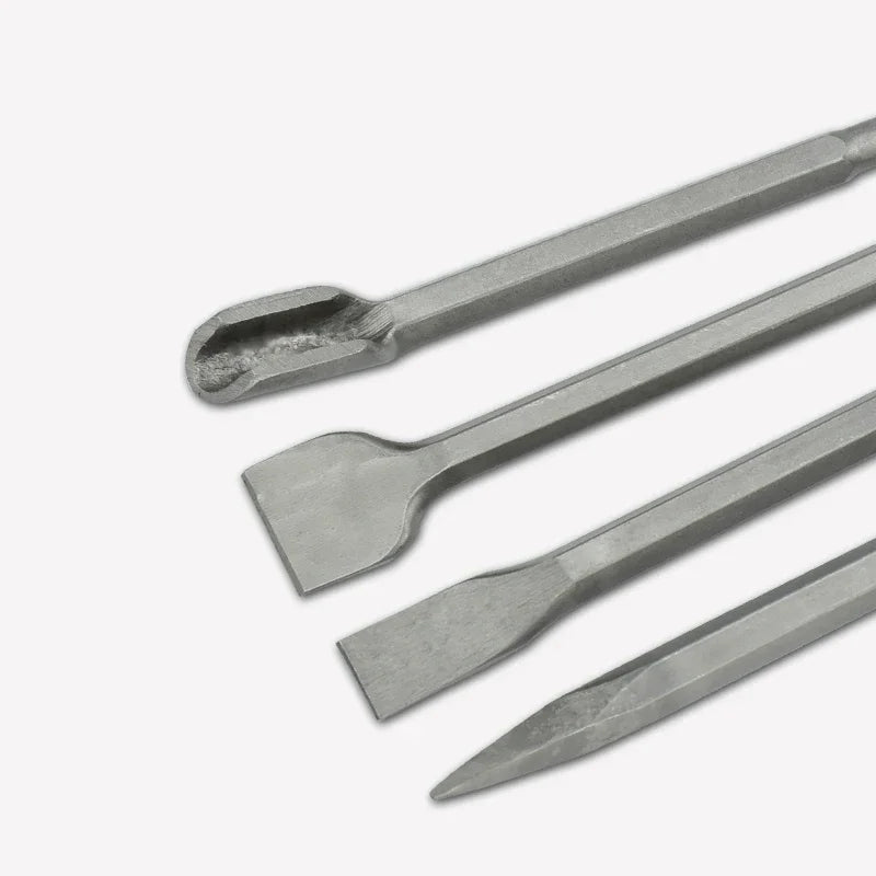 A set of metal impact drill bits for concrete and wall penetration, shown in a diagonal arrangement.