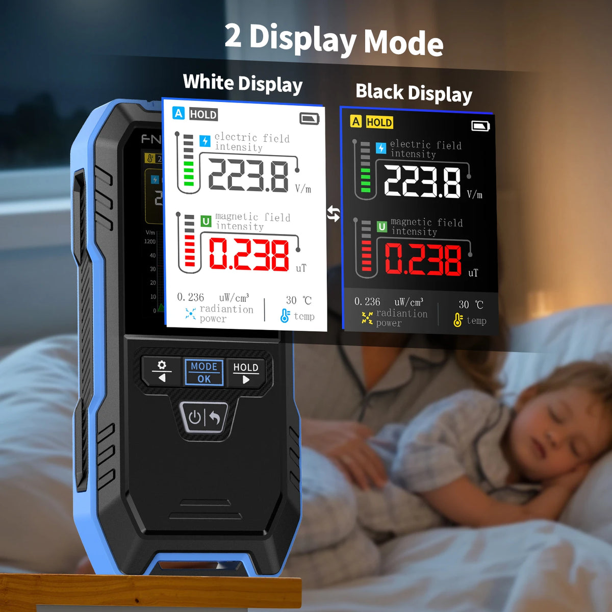 A handheld device displaying two display modes white and black for measuring electric and magnetic fields.