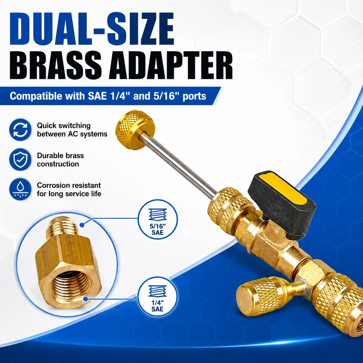 Adaptateur laiton double taille pour passer entre les raccords SAE 1/4 et 5/16.