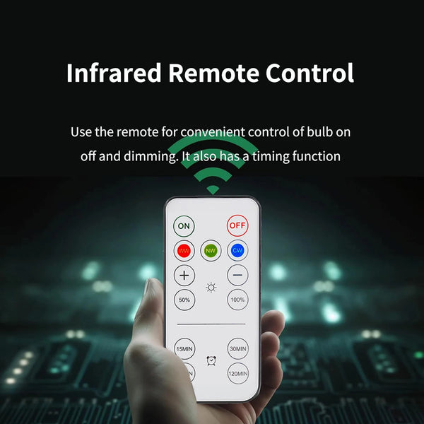 A hand holds a smartphone displaying an infrared remote control for convenient on/off and dimming of a light bulb.