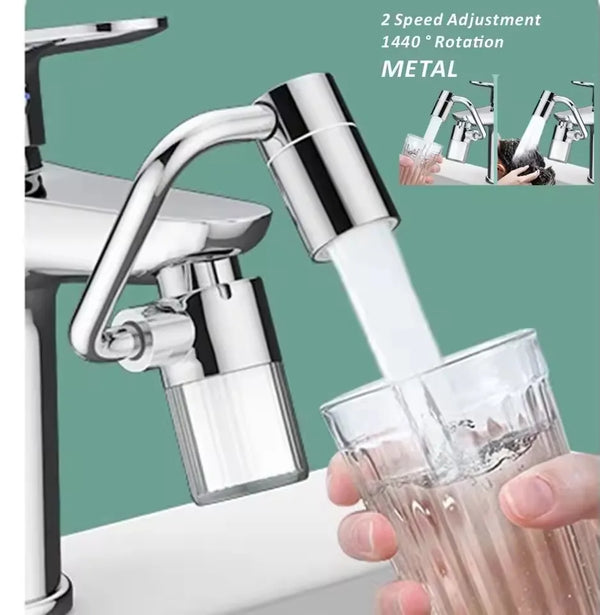 A chrome rotating water purification faucet extender is shown dispensing water into a glass.