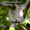 A close-up of a double blade pruning tool used on a tree branch, showing the shear diameter and the tool's design.