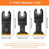Three sizes of titanium oscillating saw blades shown side by side with measurements.