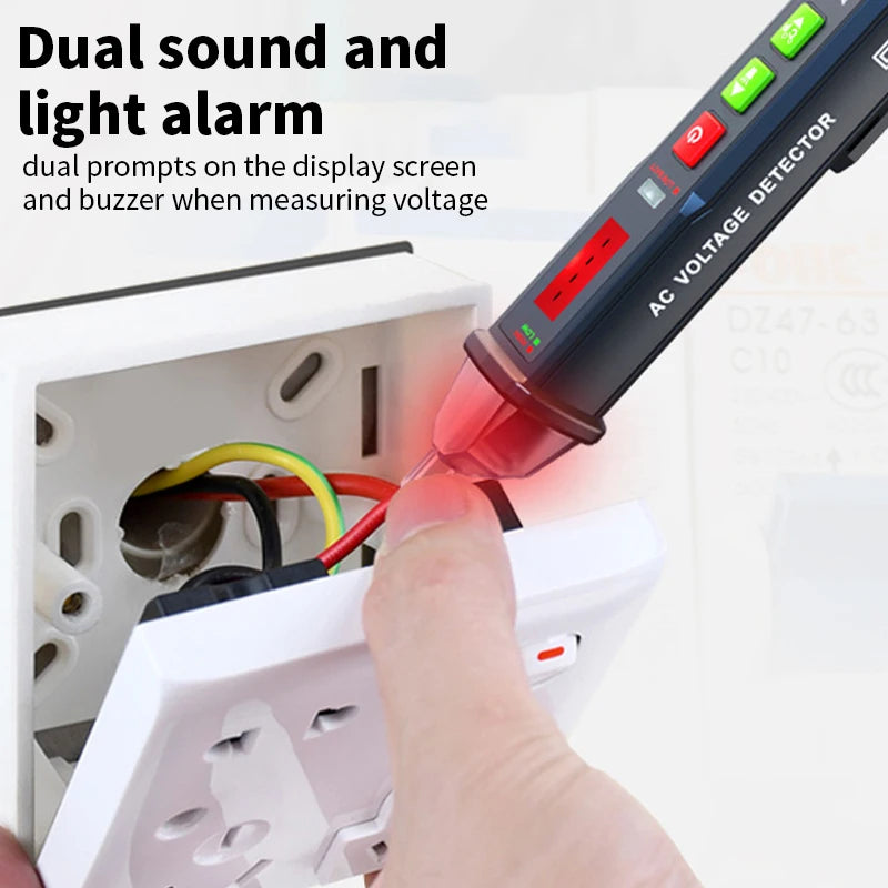 A hand is using a digital non-contact voltage tester pen to measure voltage on an electrical outlet.