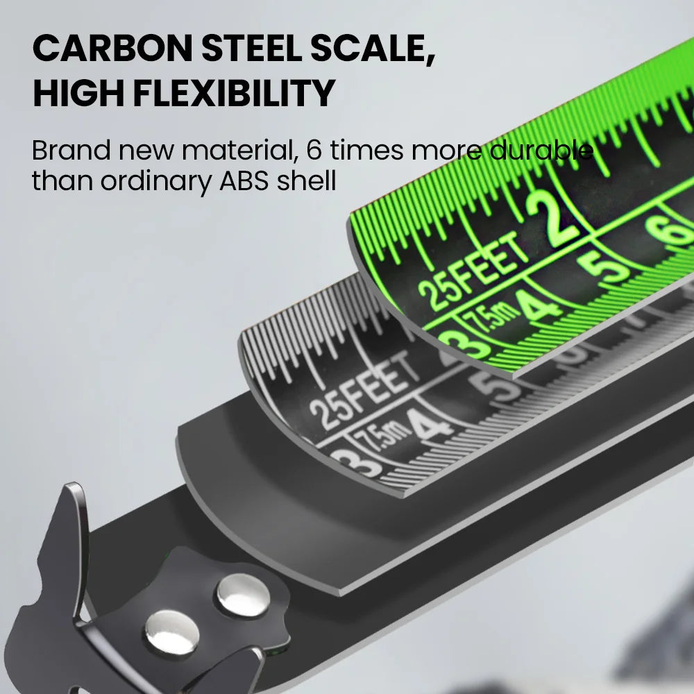 A close-up of a carbon steel scale with a green measuring tape showing 25 feet and 3.75 meters markings.