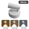 White magnetic rechargeable LED wall spotlight lamp shown with light color options: warm, neutral, and white.