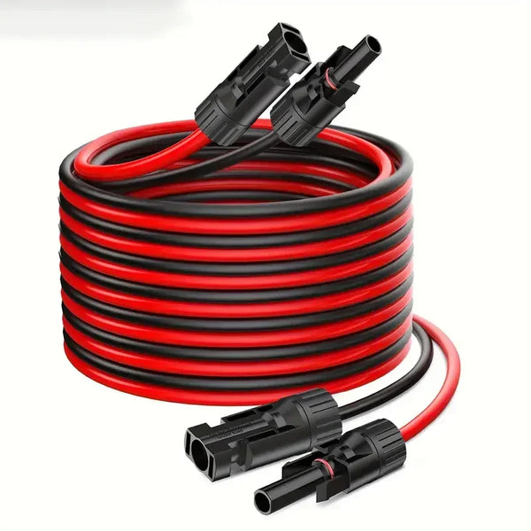 A coil of red and black high-capacity solar extension cables with connectors.