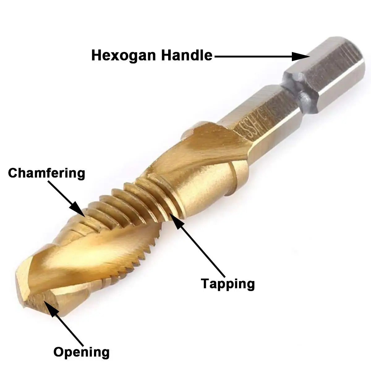 A titanium coated hex shank tap and drill bit set showing features like hexogan handle, chamfering, tapping, and opening.