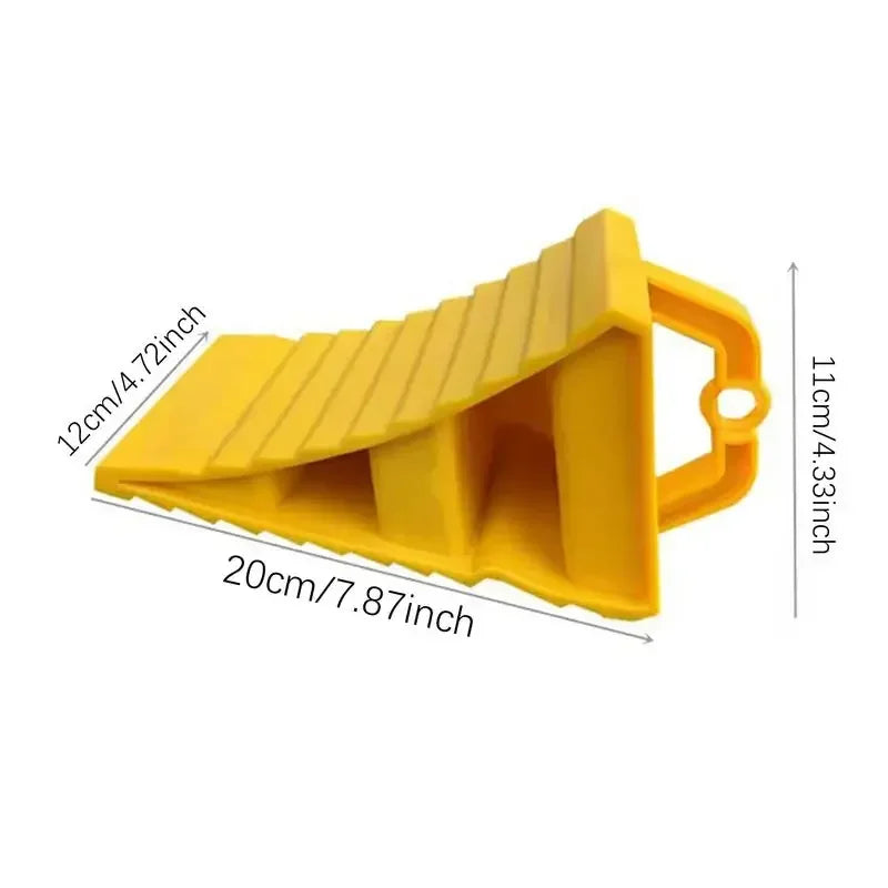 Yellow heavy duty car wheel chock anti-slip tire stop block with dimensions labeled.