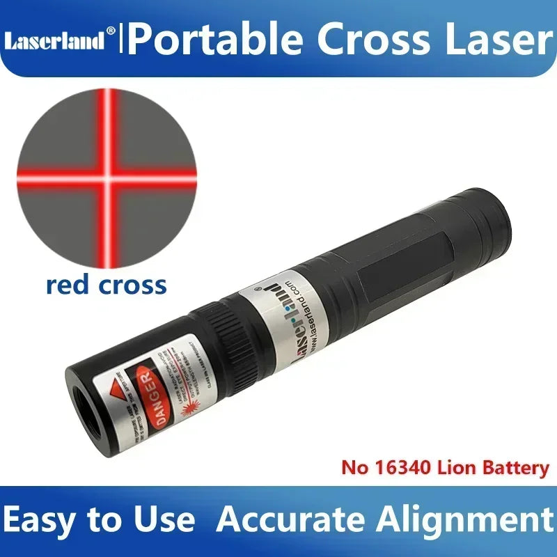 A black portable cross laser module with a red cross target visible on the end, designed for accurate alignment.