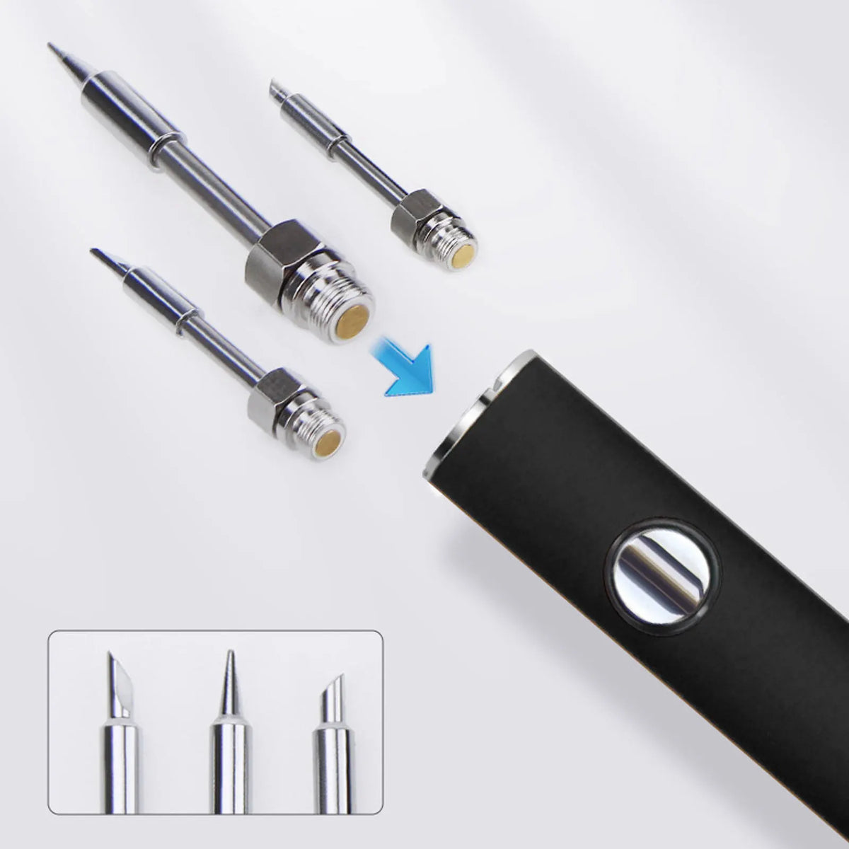 A portable mini soldering iron kit showing three tips and a black handle.