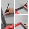 A hand holds a green precision stainless steel measuring ruler against a gray background.