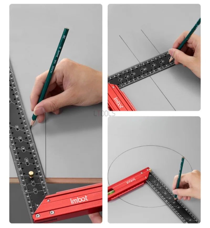 A hand holds a green precision stainless steel measuring ruler against a gray background.