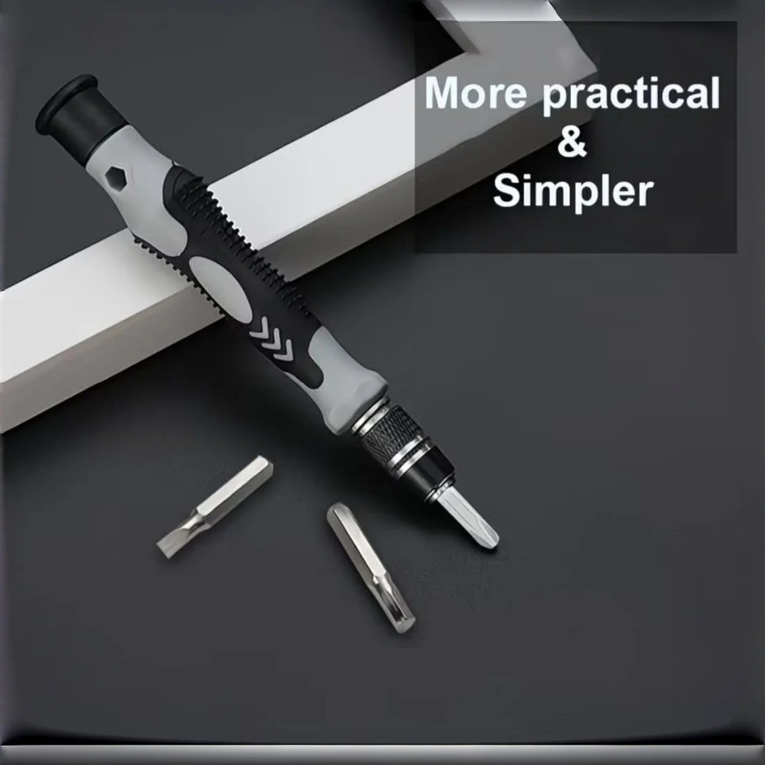 A precision screwdriver set with multi-angle tools is shown diagonally on a dark surface.