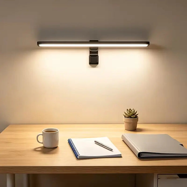 A modern light bar mounted above a wooden desk illuminates the workspace.