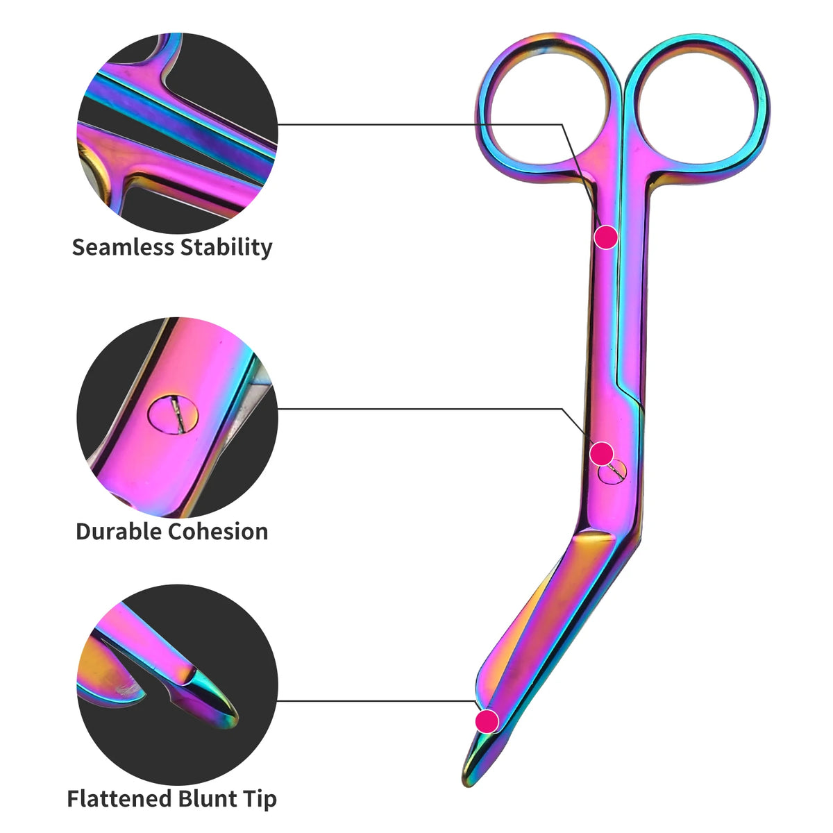 Rainbow titanium suture removal scissors showing features like seamless stability, durable cohesion, and a flattened blunt ti
