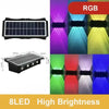 Set von 8 LED-Solarwandleuchten mit RGB-Farboptionen in verschiedenen Lichteffekten.