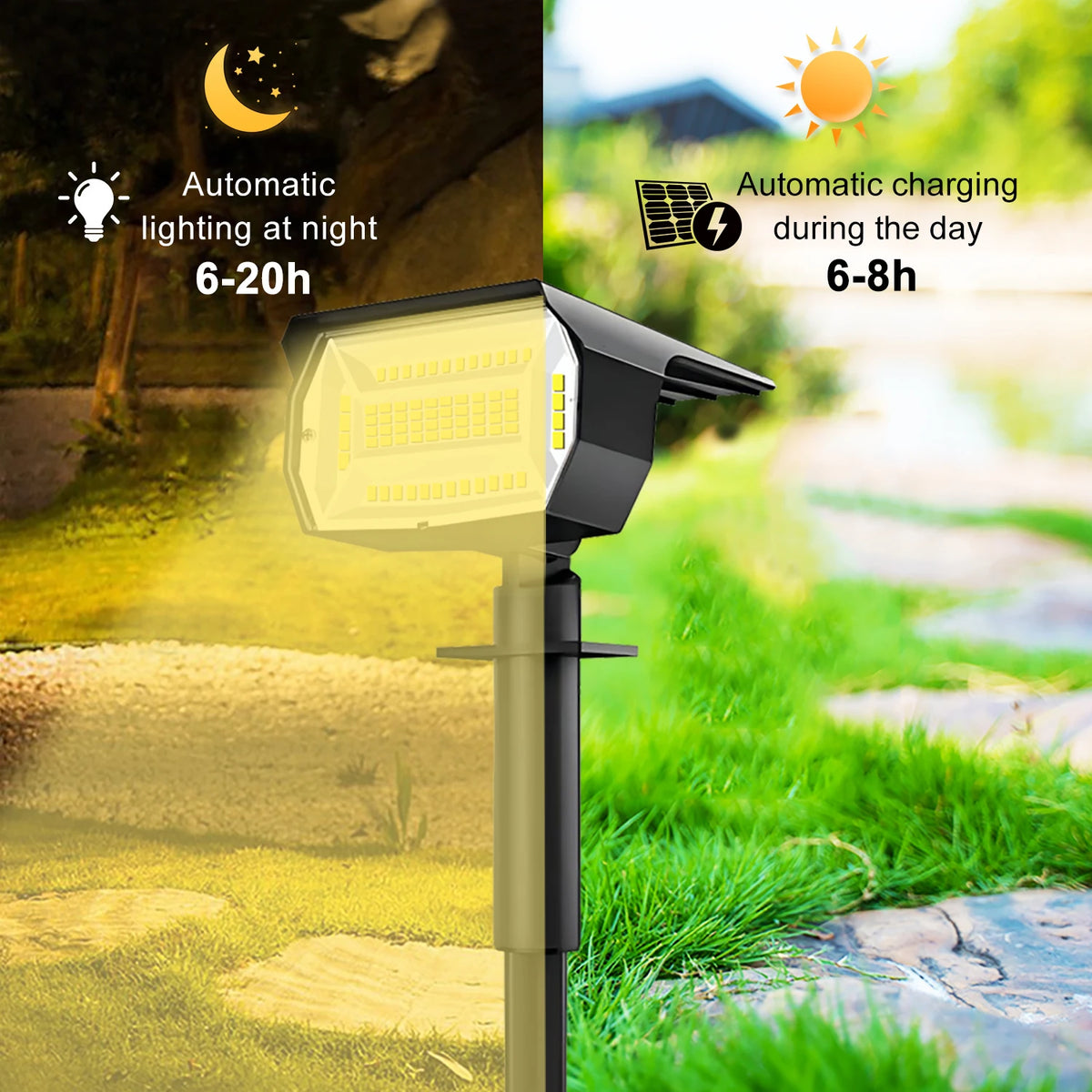 A black solar landscape spotlight is shown illuminating a path during the day and providing automatic night lighting.