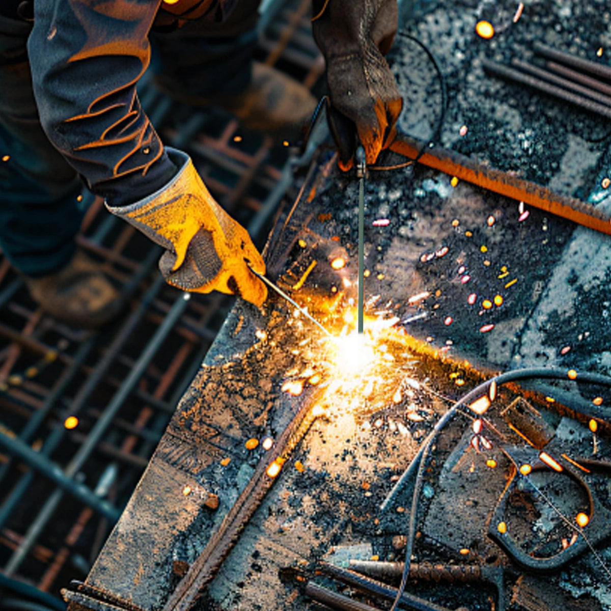 A person is using a torch to weld metal, creating bright sparks and molten metal on a dark surface.