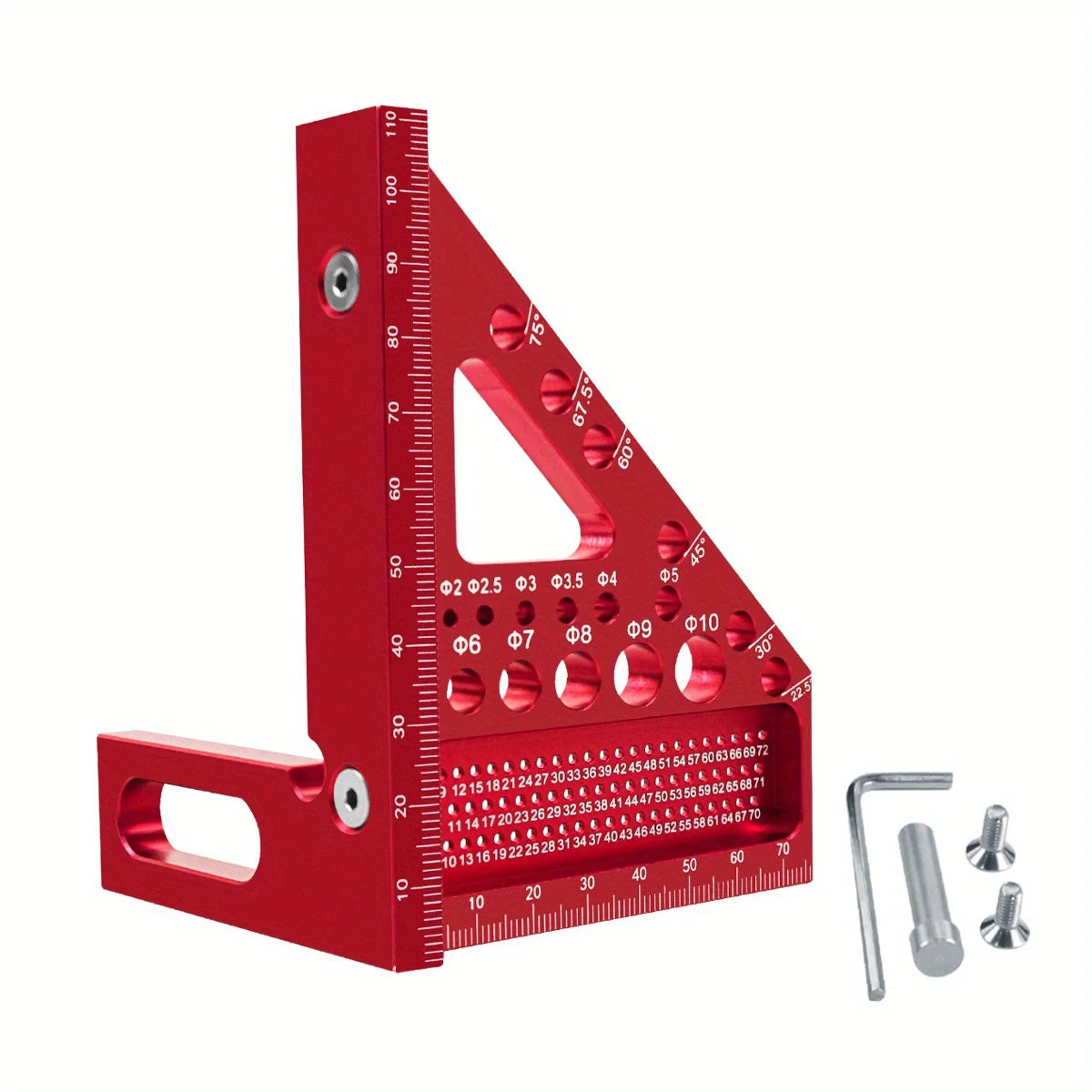 A red precision aluminum square protractor used for woodworking measurements.