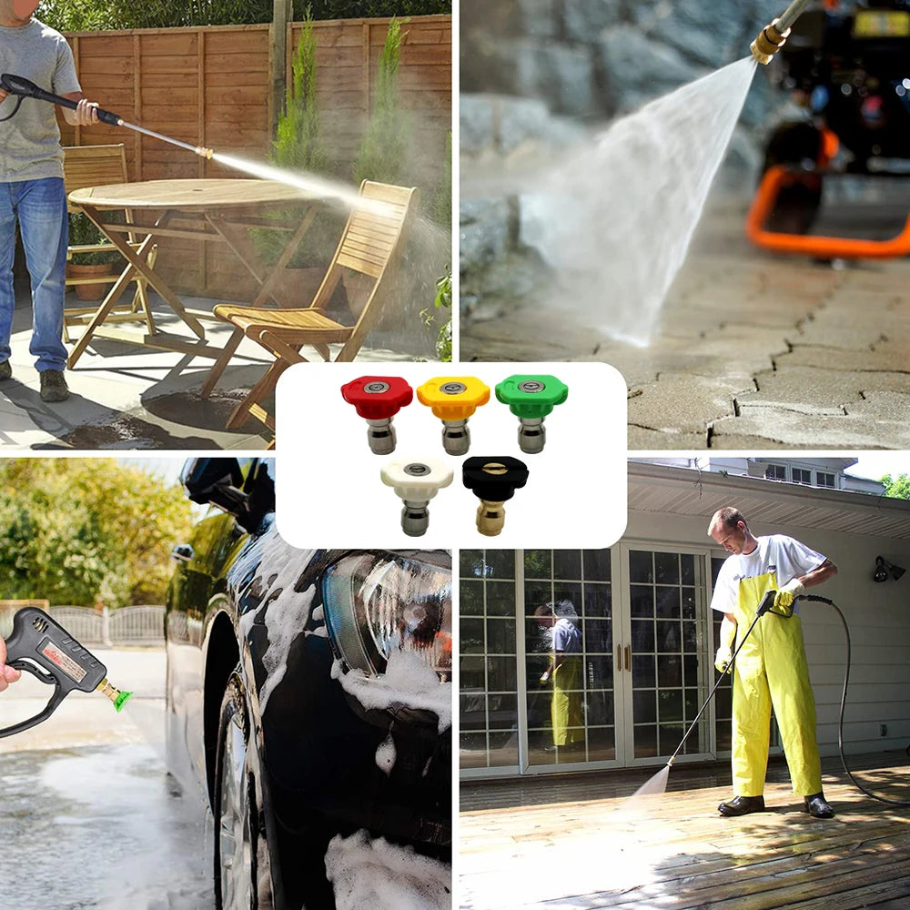A set of 1/4 quick connect high-pressure spray nozzles in red, yellow, and green colors being used for cleaning.