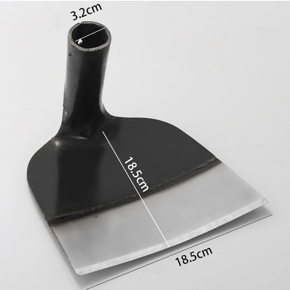 A black professional stainless steel garden hoe with a 3.2cm handle and a 18.5cm blade.