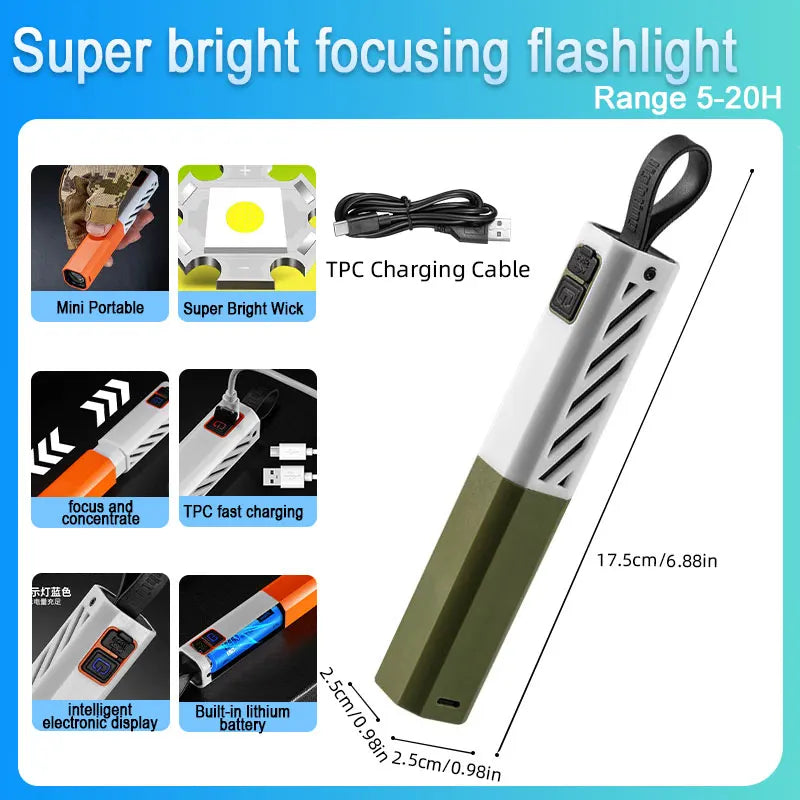 A portable LED flashlight with a zoom function shown alongside its charging cable and features.