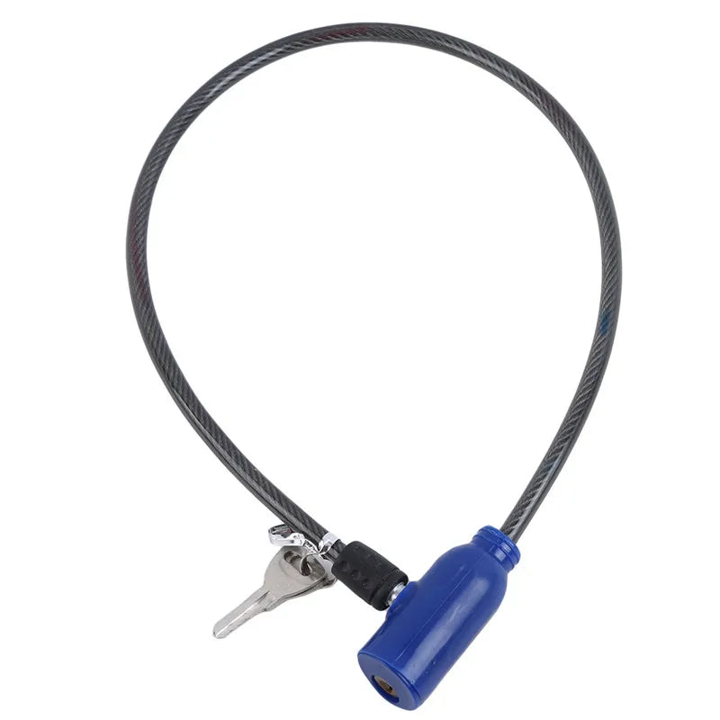 A heavy duty anti-theft cable lock with a black braided steel cable and a blue plastic lock end.