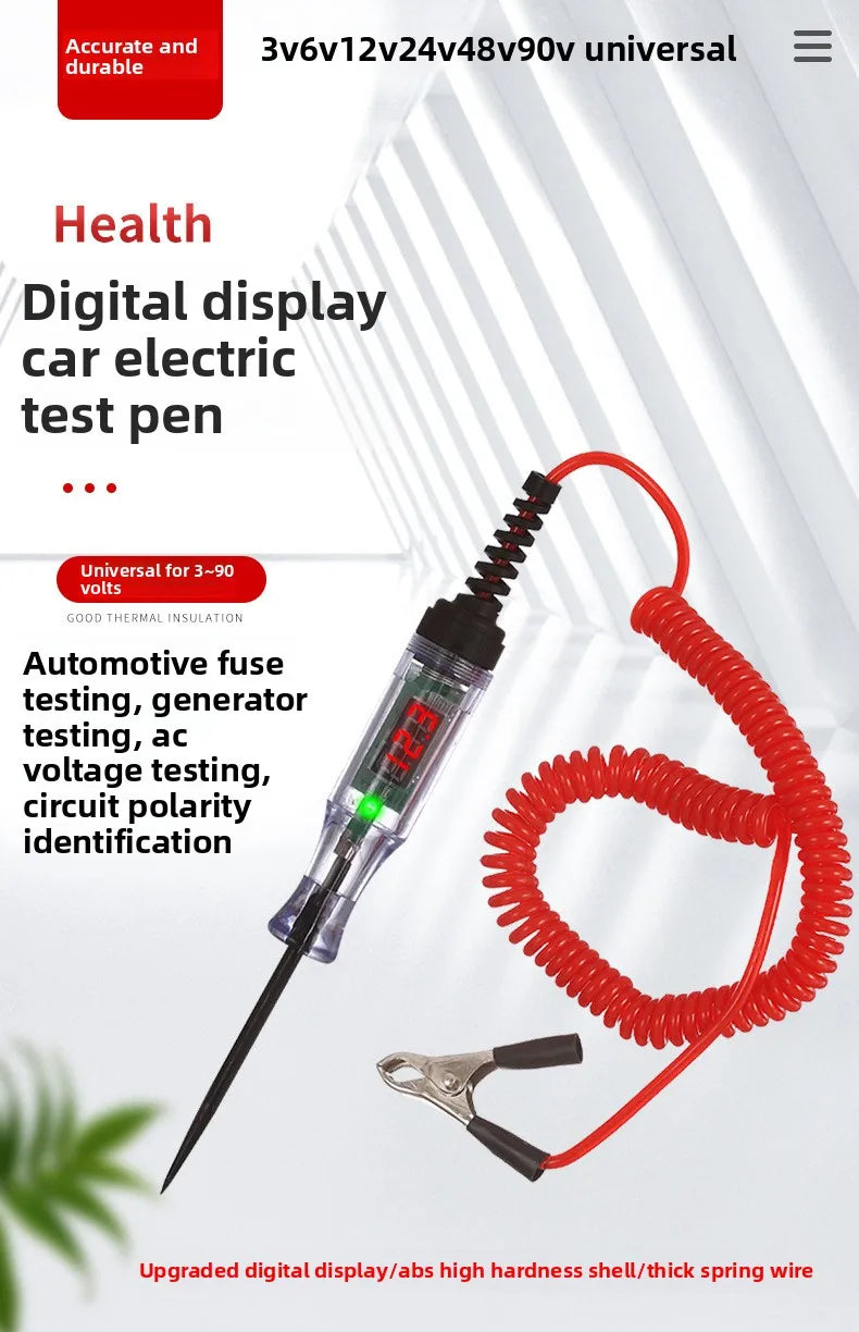 Un stylo de test électrique pour voiture numérique avec un cordon rouge et une pince, sur fond blanc.