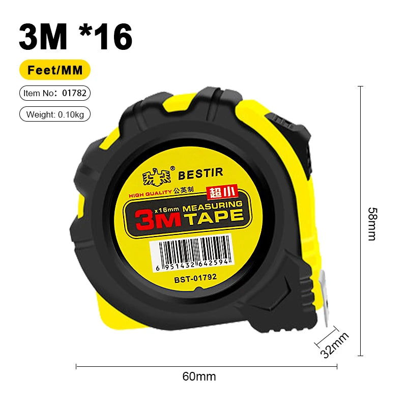 A yellow and black 3M x 16 feet measuring tape is shown, displaying its dimensions and packaging.