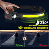 A hand holds a black LED sensor headlamp with a yellow light beam, demonstrating its wide beam capability against a dark back