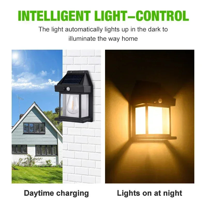 A solar wall light is shown being charged during the daytime and illuminating a dark pathway at night.