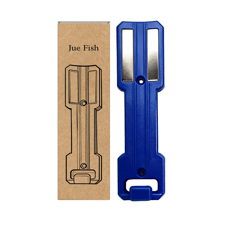 A blue magnetic spray can holder with a cardboard insert labeled Jue Fish.