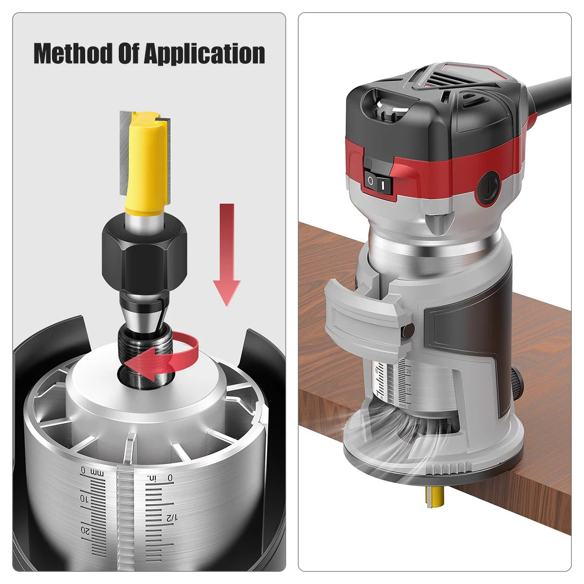 Method of application showing a precision router collet nut and set being used on a router bit.