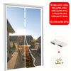 A white magnetic screen door is shown in a doorway, with dimensions listed for various sizes.