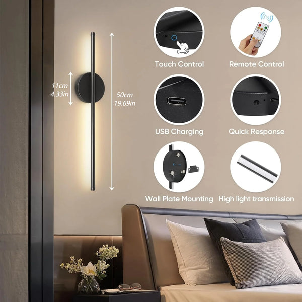 A set of 360° rotating dimmable wall sconces with various control options including touch, remote, USB charging, and quick re