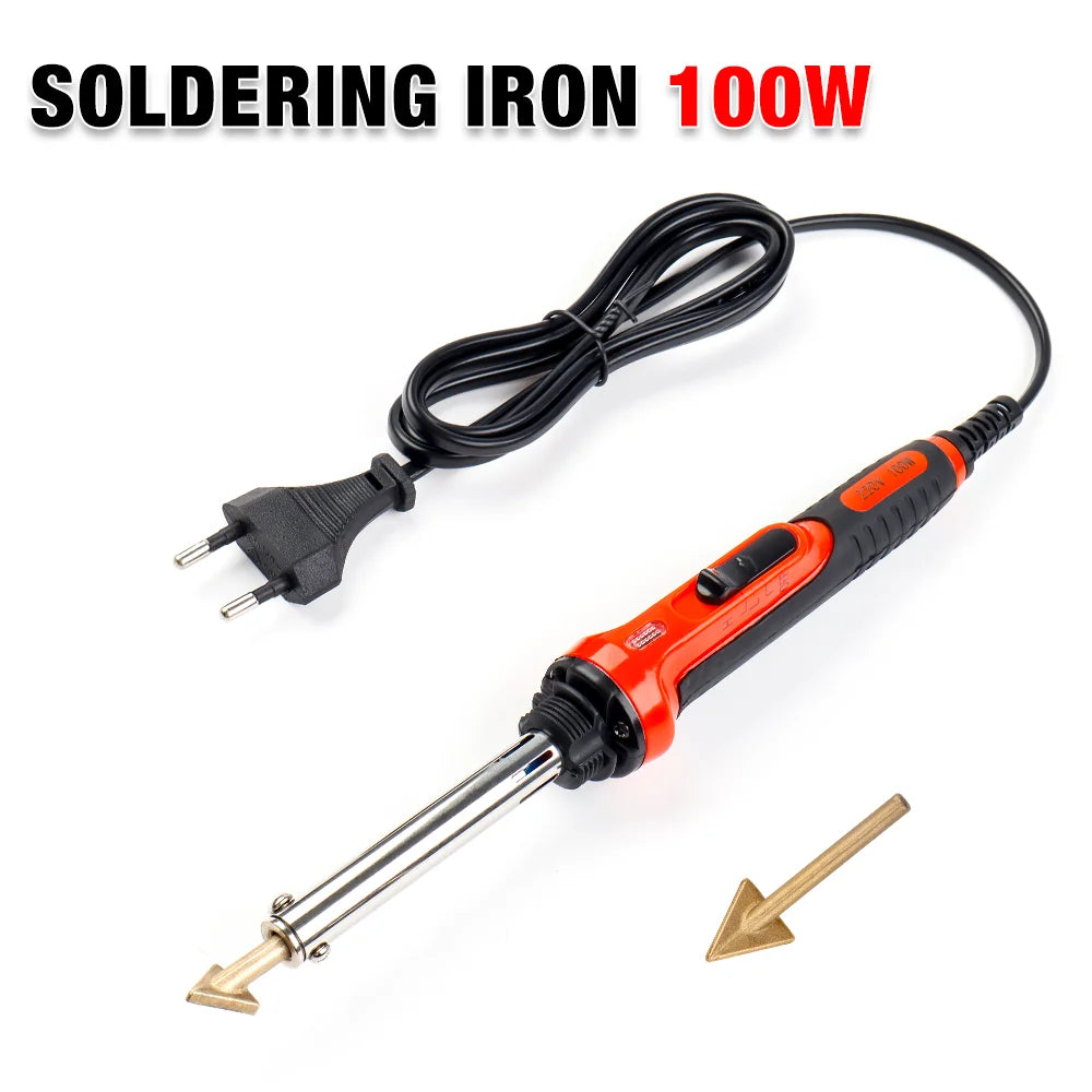 A black soldering iron with a cord and tip is shown next to its handle and soldering tip.