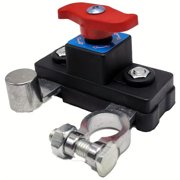 Interruptor de desconexión universal para batería de coche rojo y negro con abrazadera de metal.