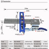 A blue adjustable cabinet hardware installation jig with a slider, drill sleeve, locator, and quick clamp for precise fitting