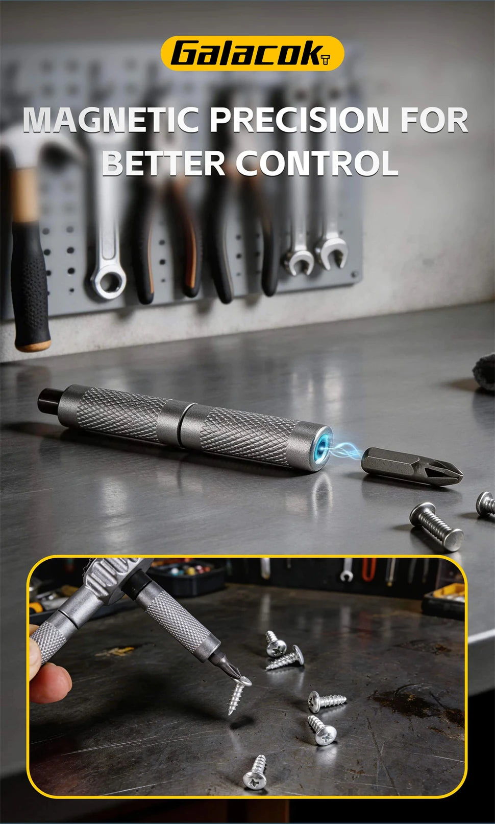 A magnetic precision screwdriver tool is shown next to various small screws and a larger magnetic ratchet kit.