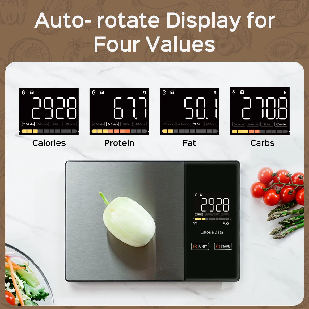 A digital smart kitchen scale displaying calorie data, positioned next to various foods like an apple and tomatoes.