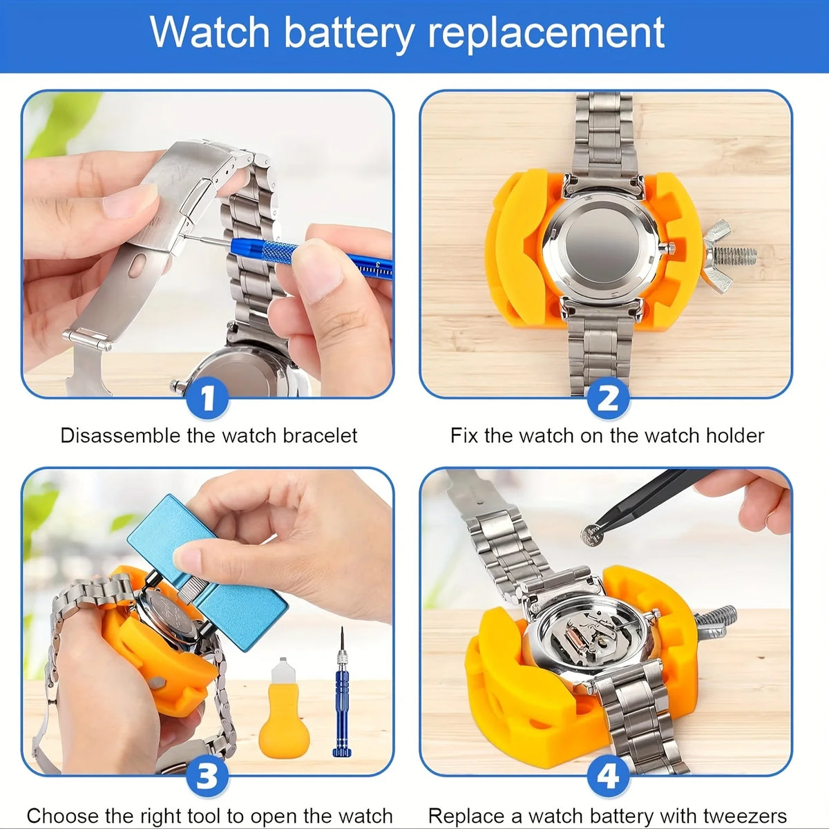 Schritt-für-Schritt-Anleitung zum Wechseln der Batterie mit einem Präzisionsuhrservice-Kit.