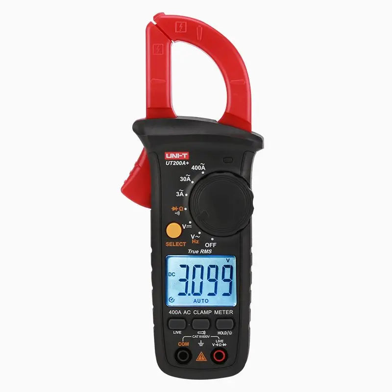 A red and black digital clamp meter for electrical testing with a large display showing 3.099 volts.