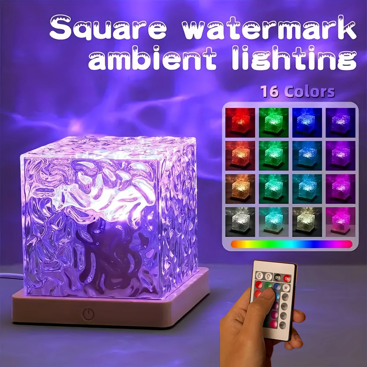 ضوء ليلي LED مربع بتأثير خافت يصدر 16 لونًا، معروض على سطح.