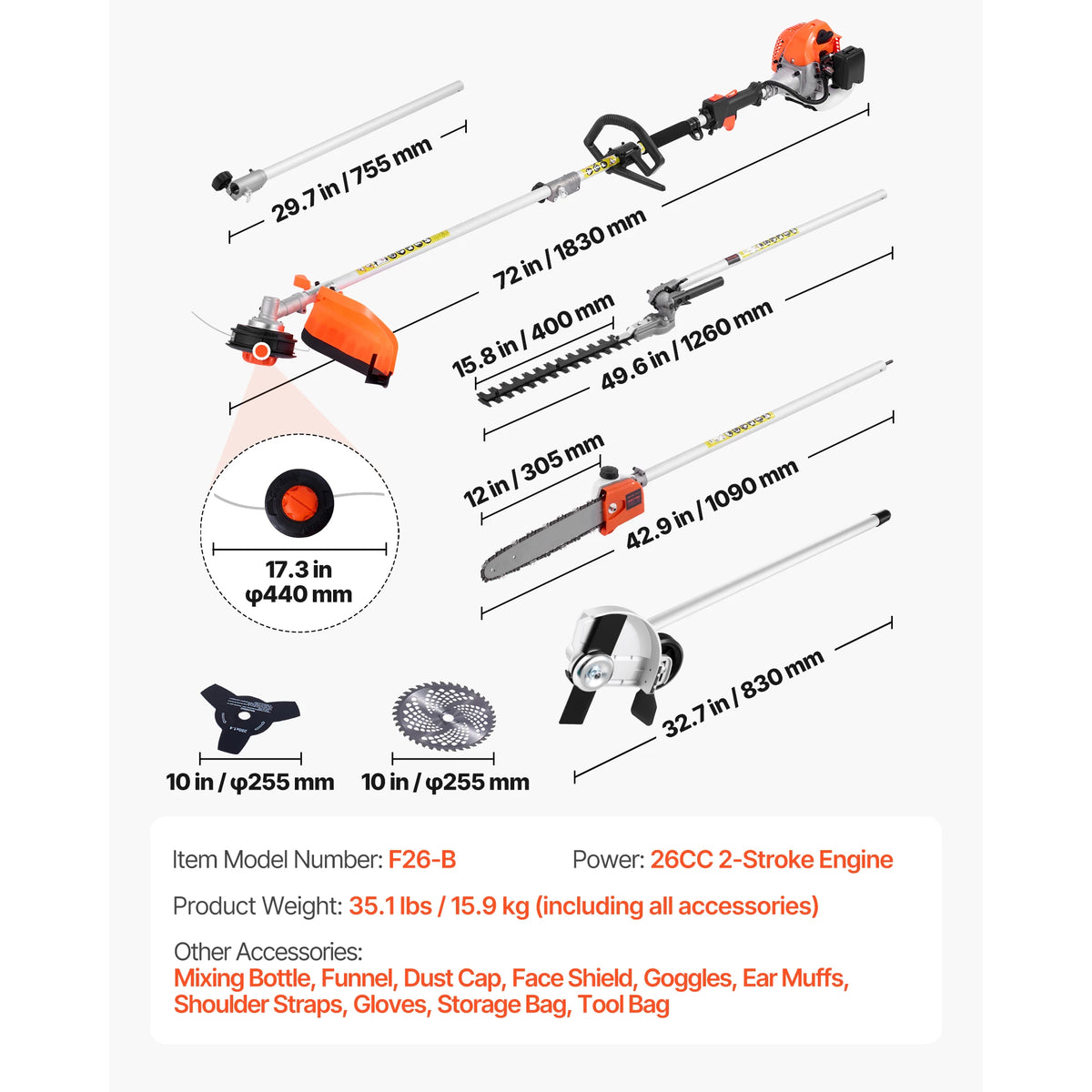 A collection of gas hedge trimmers and brush cutters with various lengths and accessories shown against a white background.